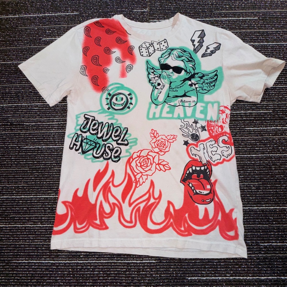 Jewel House Graphic T Shirt Mens L White Graffiti Cherub Flames Street Embroider